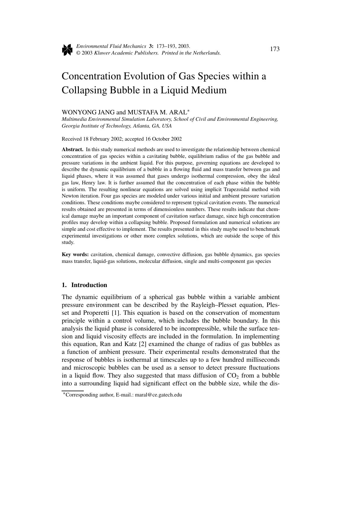 Concentration Evolution of Gas Species within a Collapsing Bubble in a Liquid Medium by Unknown