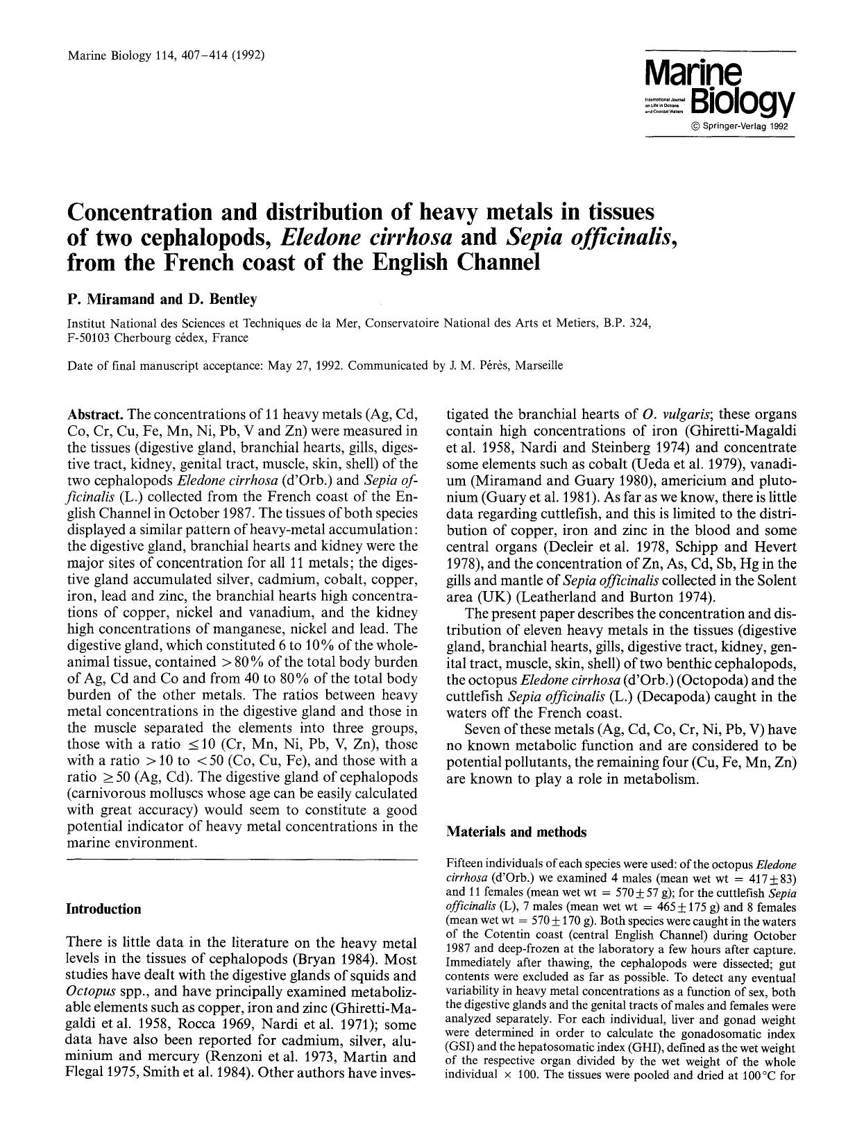 Concentration and distribution of heavy metals in tissues of two cephalopods, <Emphasis Type="Italic">Eledone cirrhosa<Emphasis> and <Emphasis Type="Italic">Sepia officinalis<Empha by Unknown