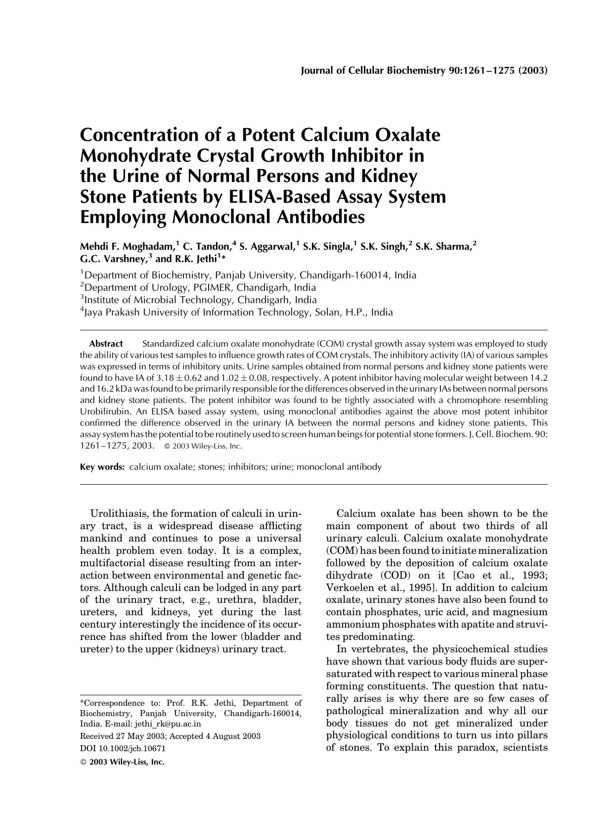 Concentration of a potent calcium oxalate monohydrate crystal growth inhibitor in the urine of normal persons and kidney stone patients by ELISA-based assay system employing monoclonal antibodies by Unknown
