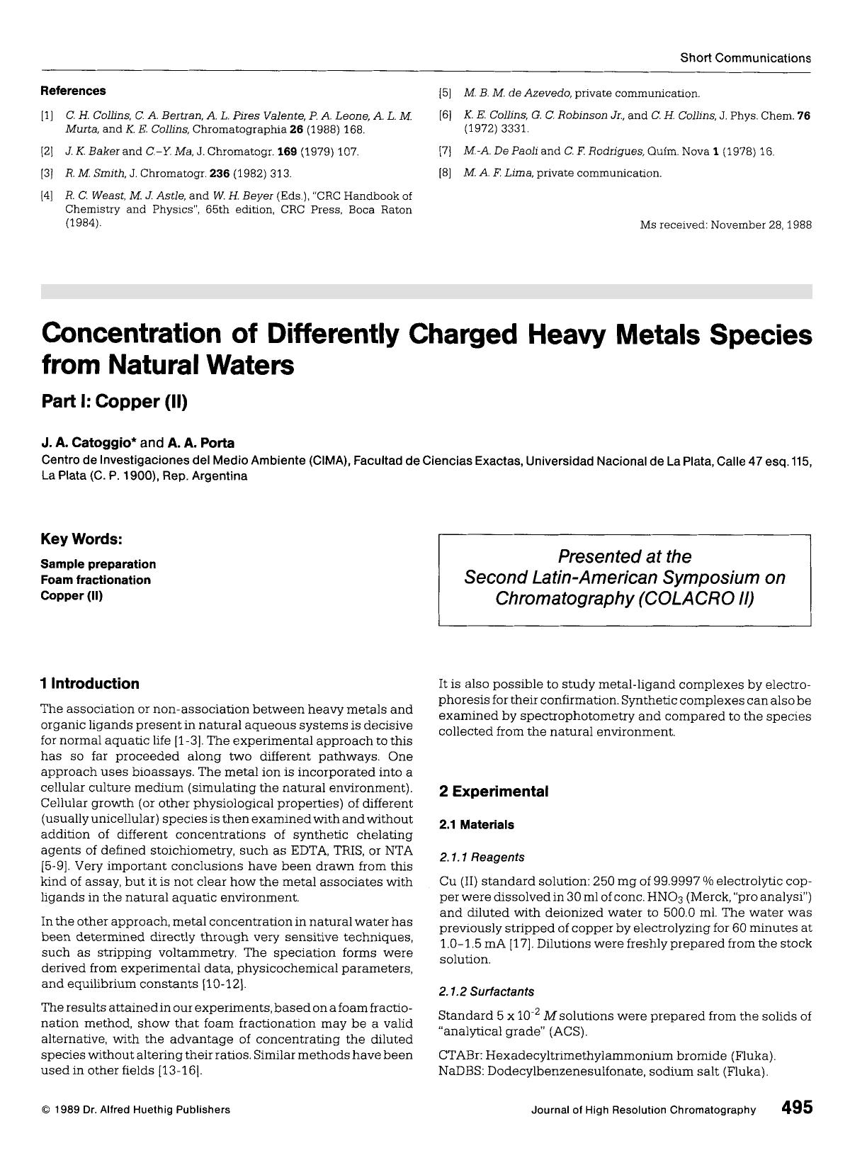 Concentration of differently charged heavy metals species from natural waters. Part I: Copper (II) by Unknown