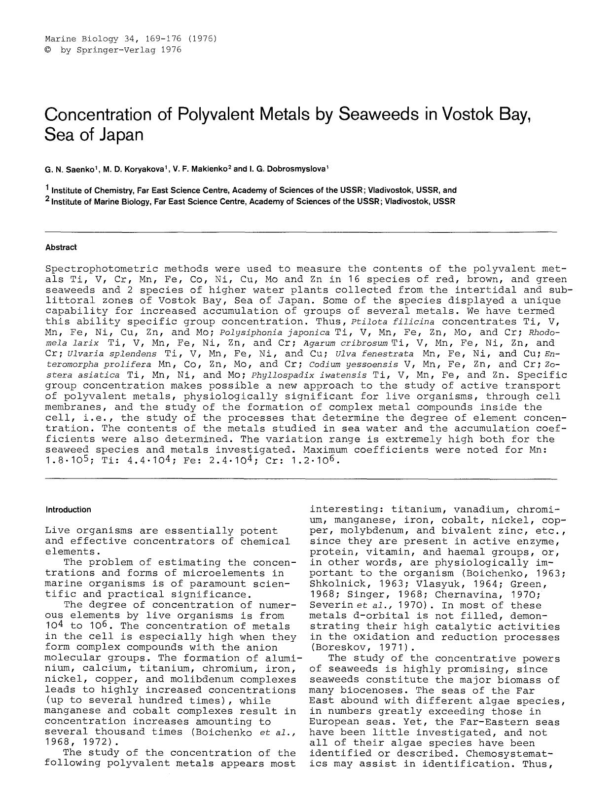 Concentration of polyvalent metals by seaweeds in Vostok Bay, Sea of Japan by Unknown