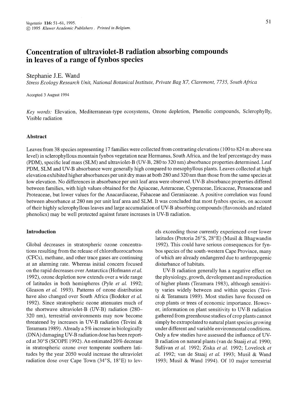 Concentration of ultraviolet-B radiation absorbing compounds in leaves of a range of fynbos species by Unknown