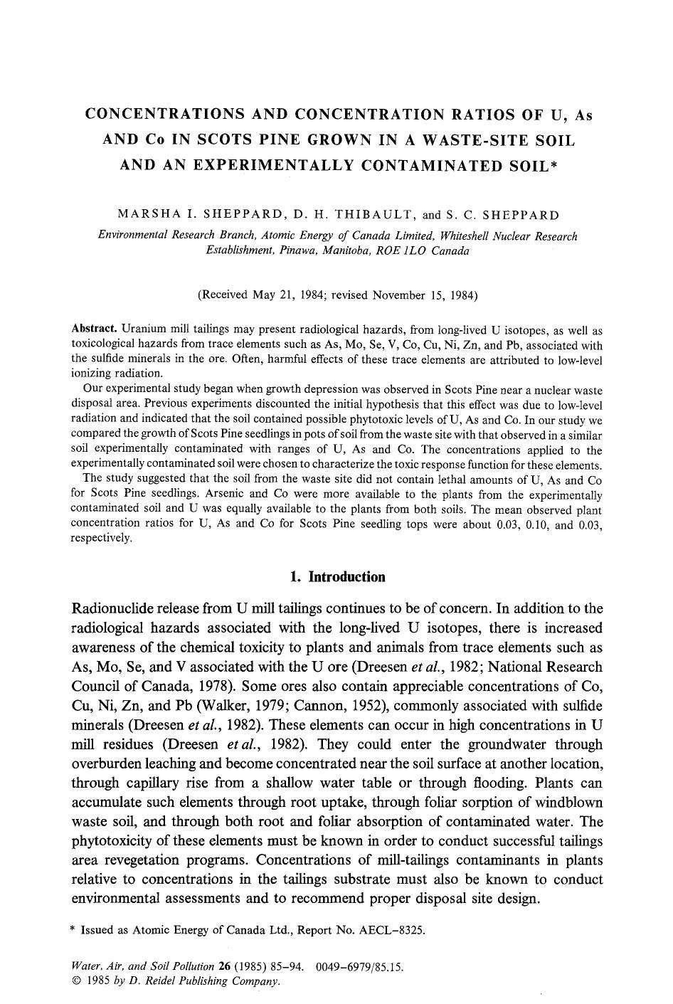 Concentrations and concentration ratios of U, As and Co in scots pine grown in a waste-site soil and an experimentally contaminated soil by Unknown