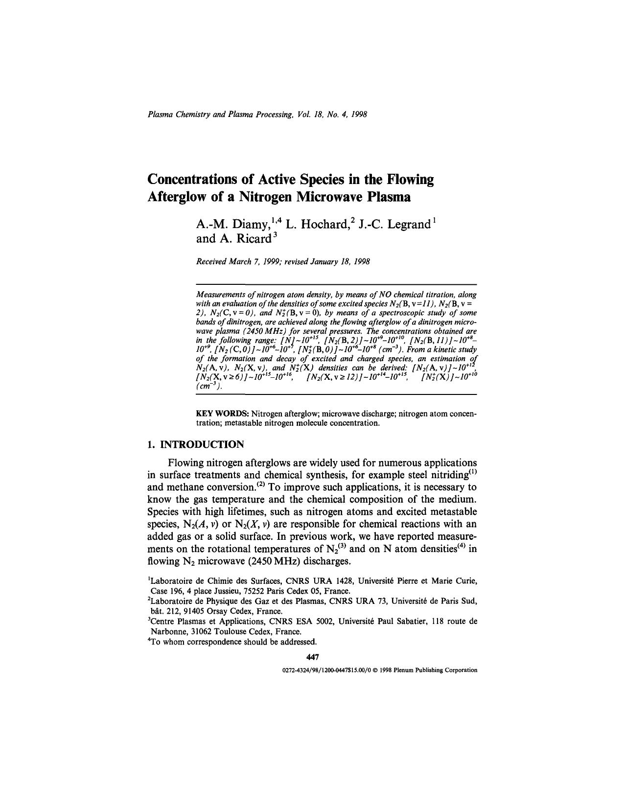 Concentrations of Active Species in the Flowing Afterglow of a Nitrogen Microwave Plasma by Unknown