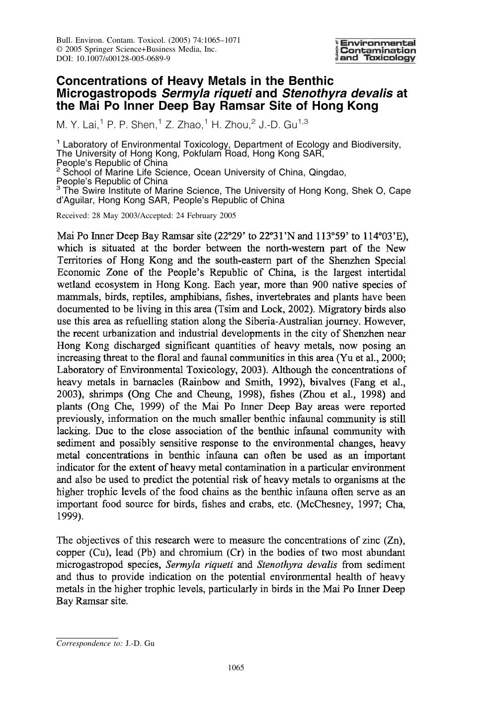 Concentrations of Heavy Metals in the Benthic Microgastropods Sermyla riqueti and Stenothyra devalis at the Mai Po Inner Deep Bay Ramsar Site of Hong Kong by Lai M. Y.; et al