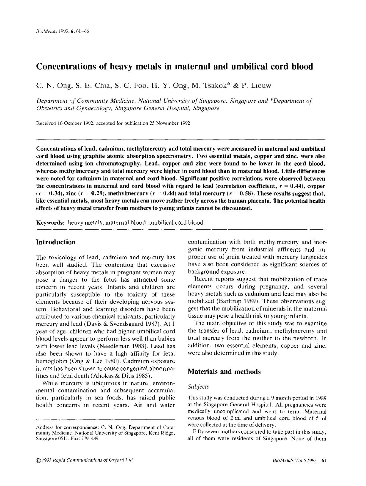 Concentrations of heavy metals in maternal and umbilical cord blood by Unknown
