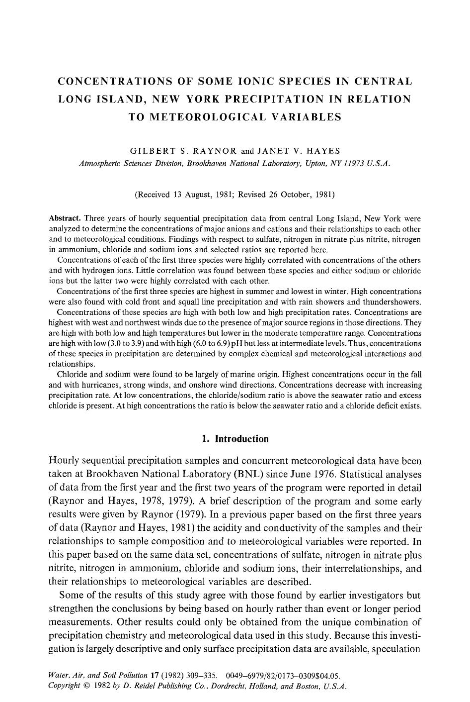 Concentrations of some ionic species in Central Long Island, New York precipitation in relation to meteorological variables by Unknown