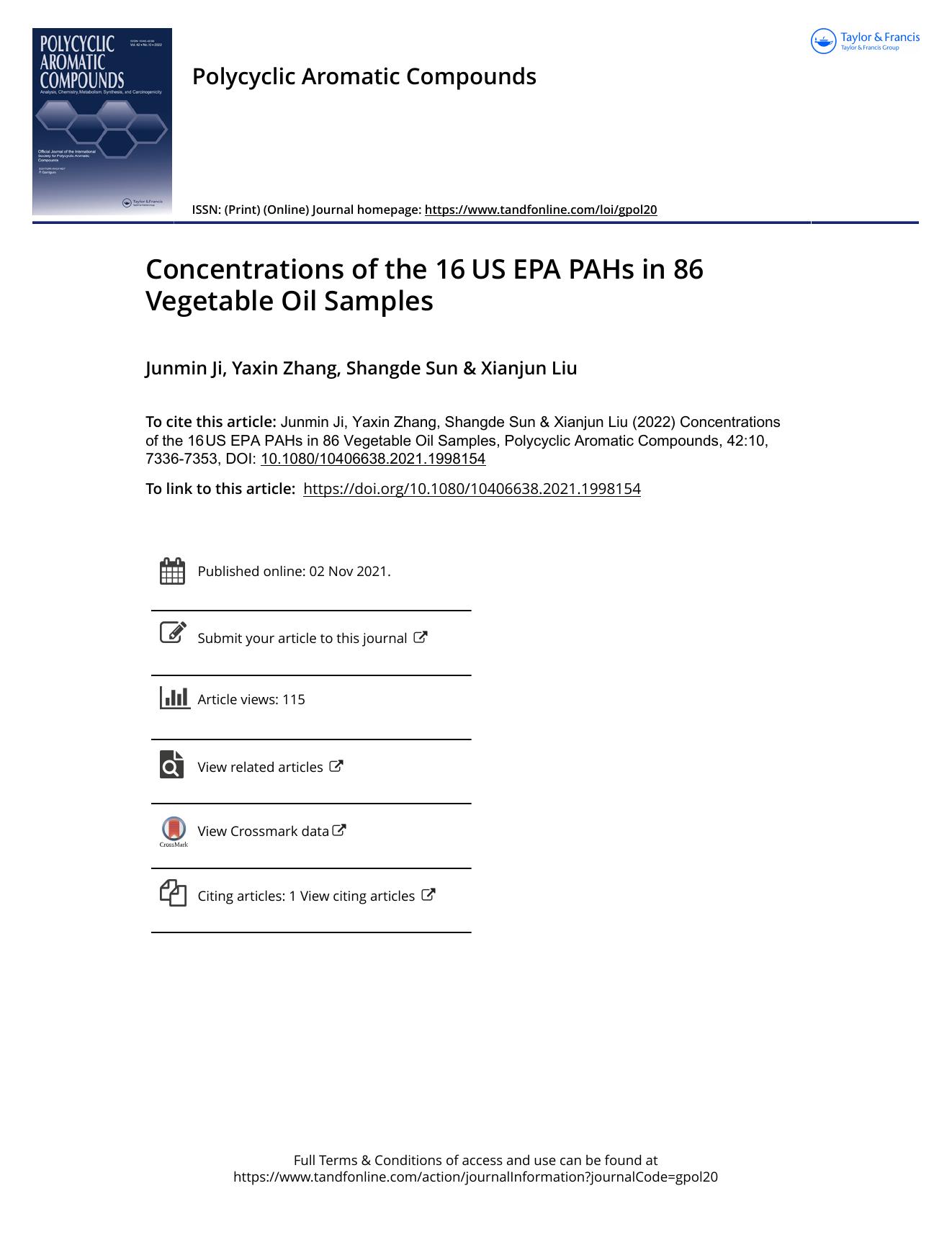 Concentrations of the 16âUS EPA PAHs in 86 Vegetable Oil Samples by Ji Junmin & Zhang Yaxin & Sun Shangde & Liu Xianjun