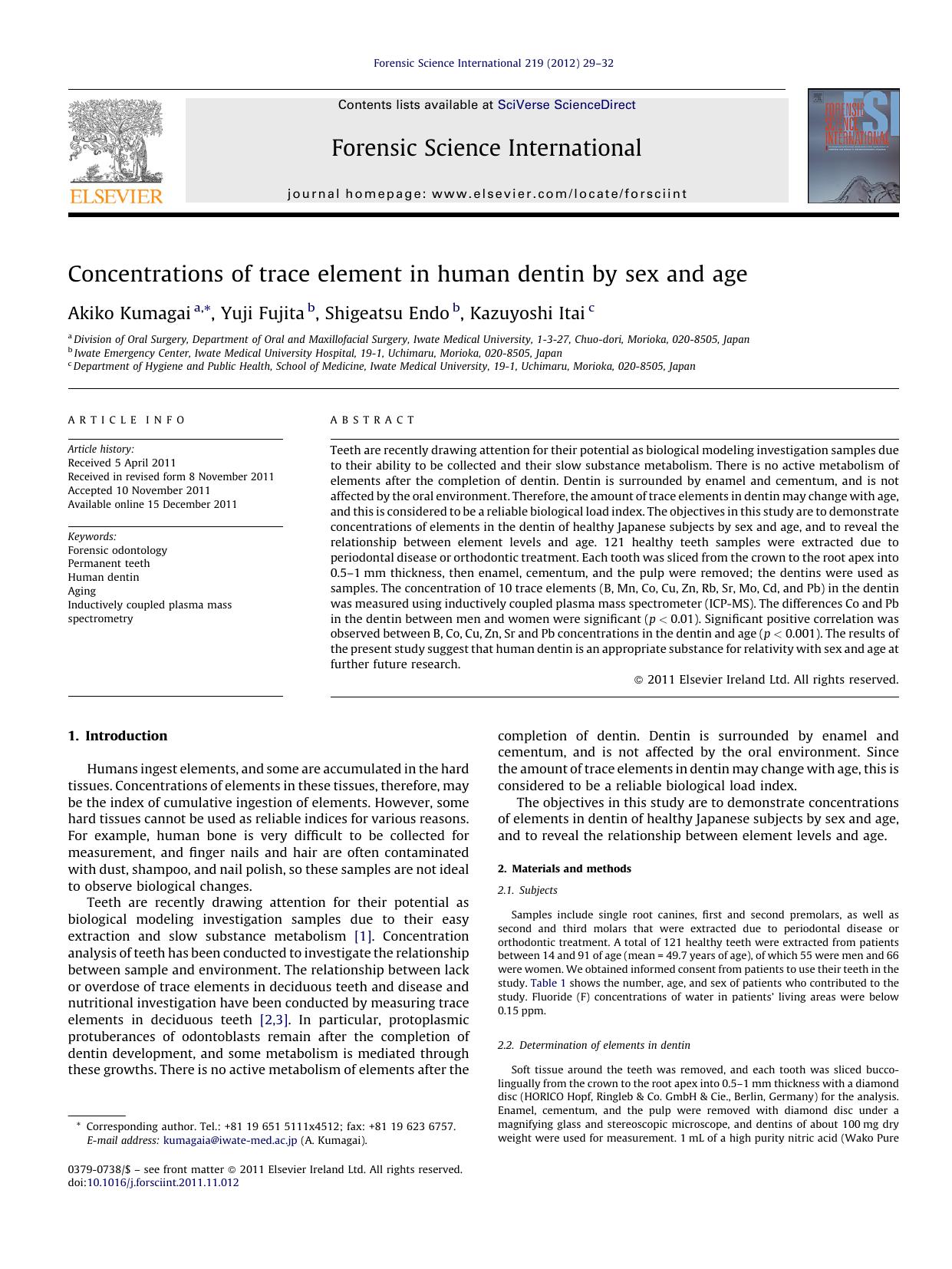 Concentrations of trace element in human dentin by sex and age by Akiko Kumagai
