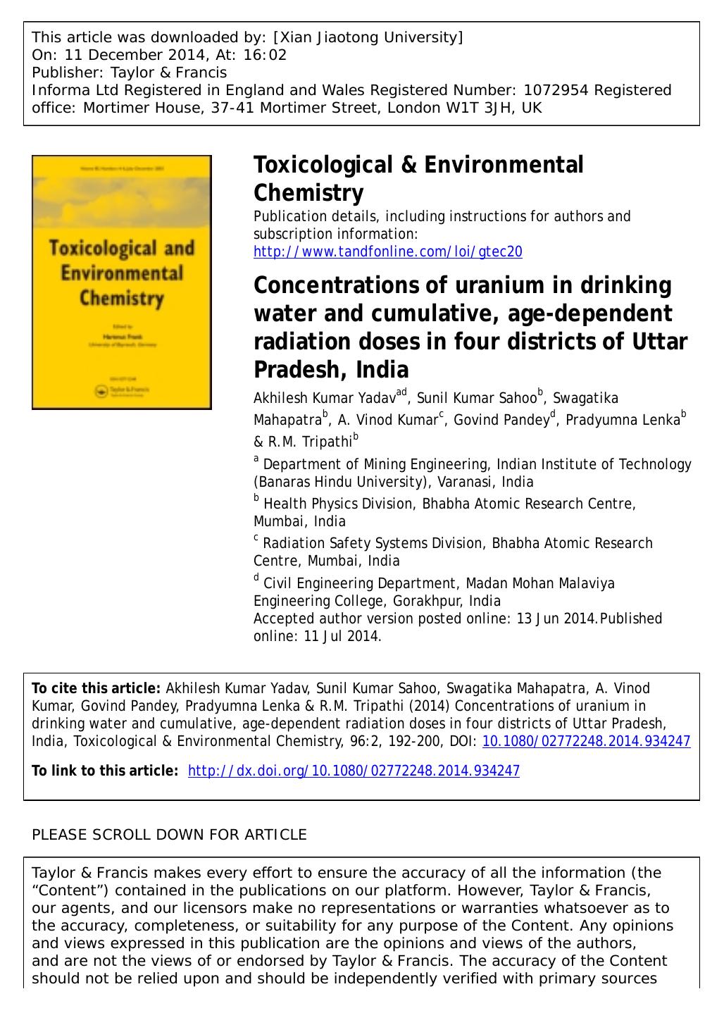 Concentrations of uranium in drinking water and cumulative, age-dependent radiation doses in four districts of Uttar Pradesh, India by Akhilesh Kumar Yadav
