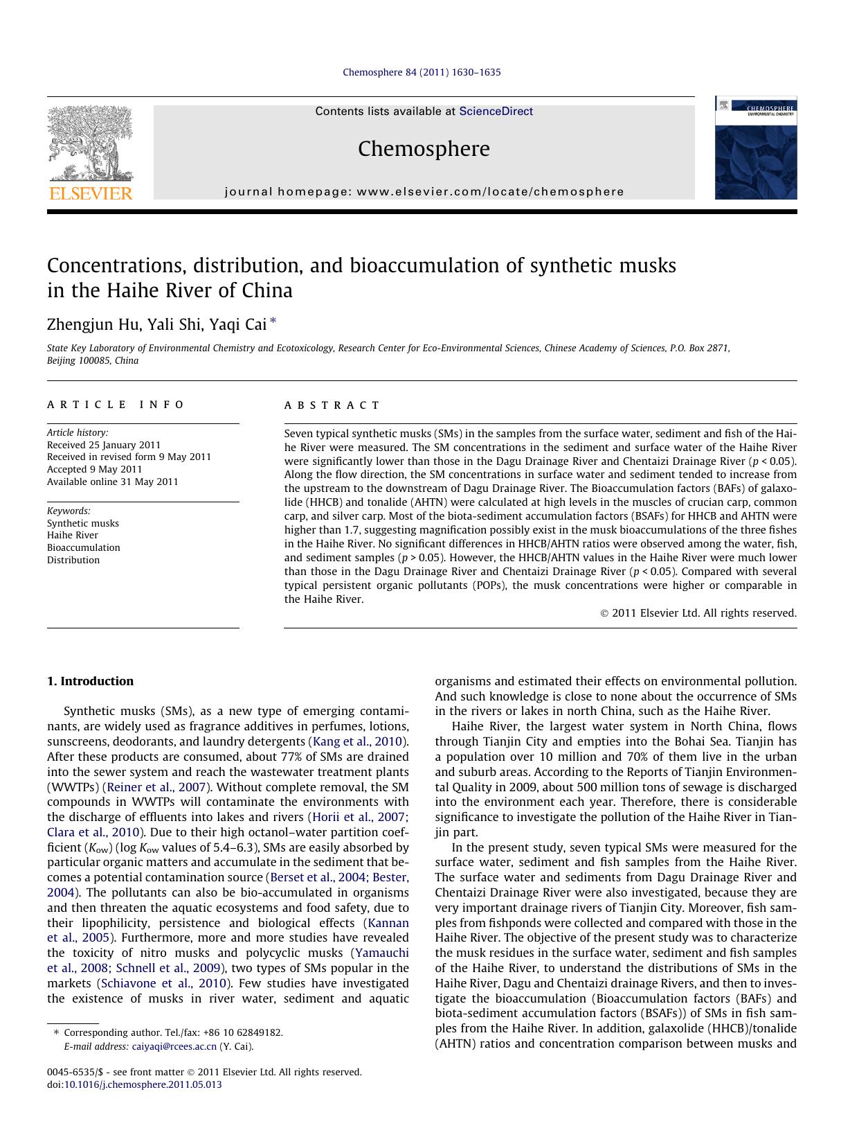 Concentrations, distribution, and bioaccumulation of synthetic musks in the Haihe River of China by Zhengjun Hu & Yali Shi & Yaqi Cai