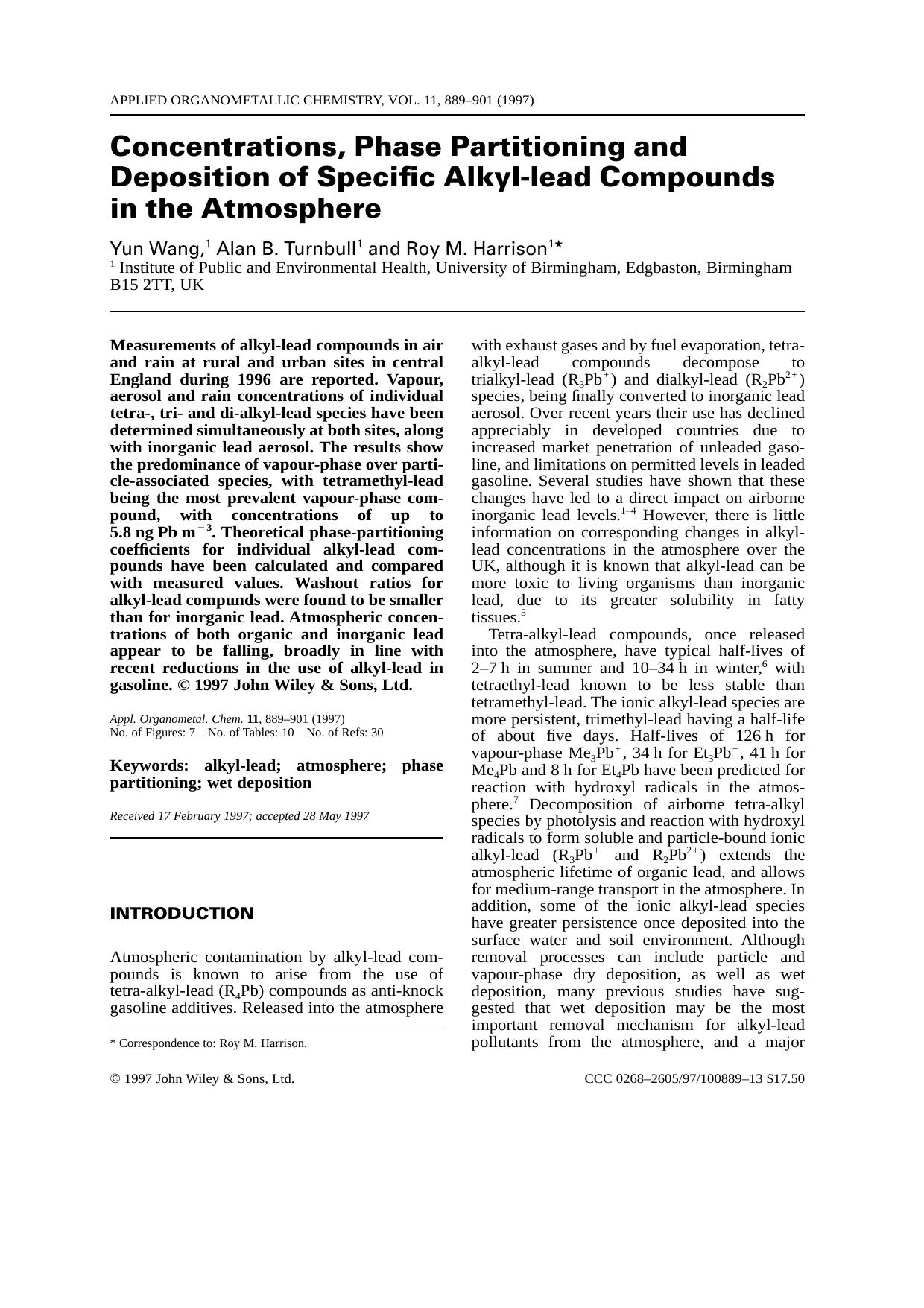 Concentrations, phase partitioning and deposition of specific alkyl-lead compounds in the atmosphere by Wang Turnbull Harrison