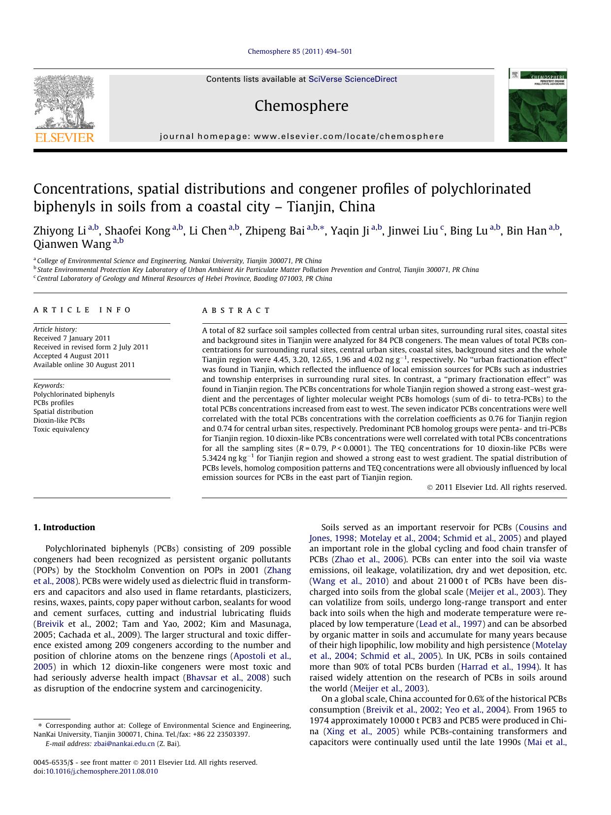 Concentrations, spatial distributions and congener profiles of polychlorinated biphenyls in soils from a coastal city Ã¢â¬â Tianjin, China by unknow