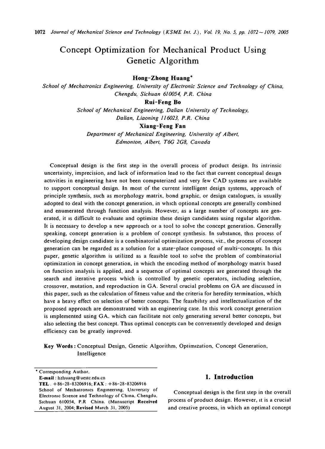Concept optimization for mechanical product using Genetic Algorithm by Unknown