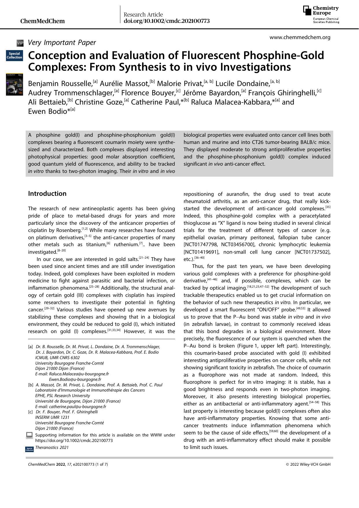 Conception and Evaluation of Fluorescent PhosphineâGold Complexes: From Synthesis to inâvivo Investigations by Unknown