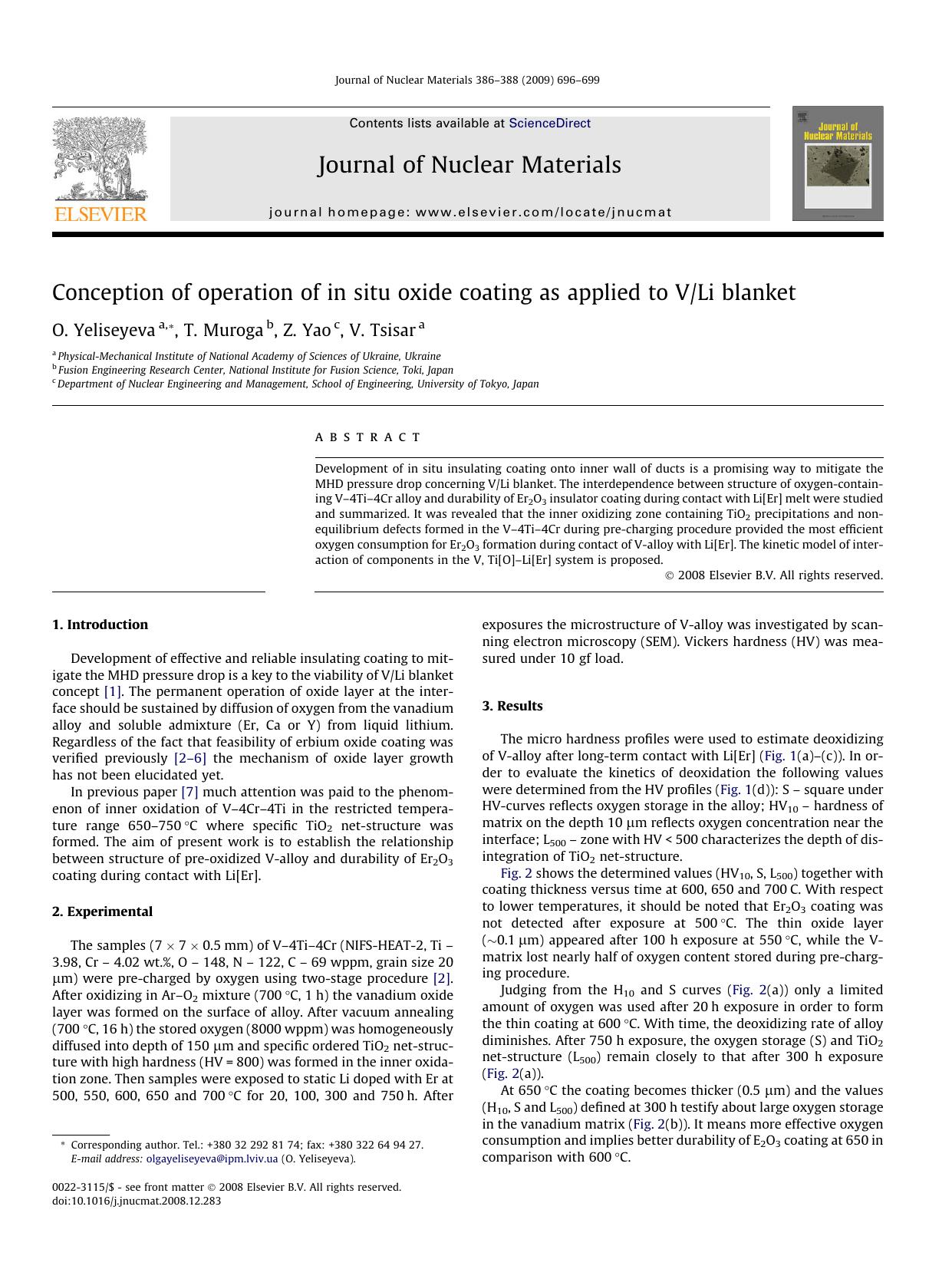 Conception of operation of in situ oxide coating as applied to VLi blanket by O. Yeliseyeva; T. Muroga; Z. Yao; V. Tsisar