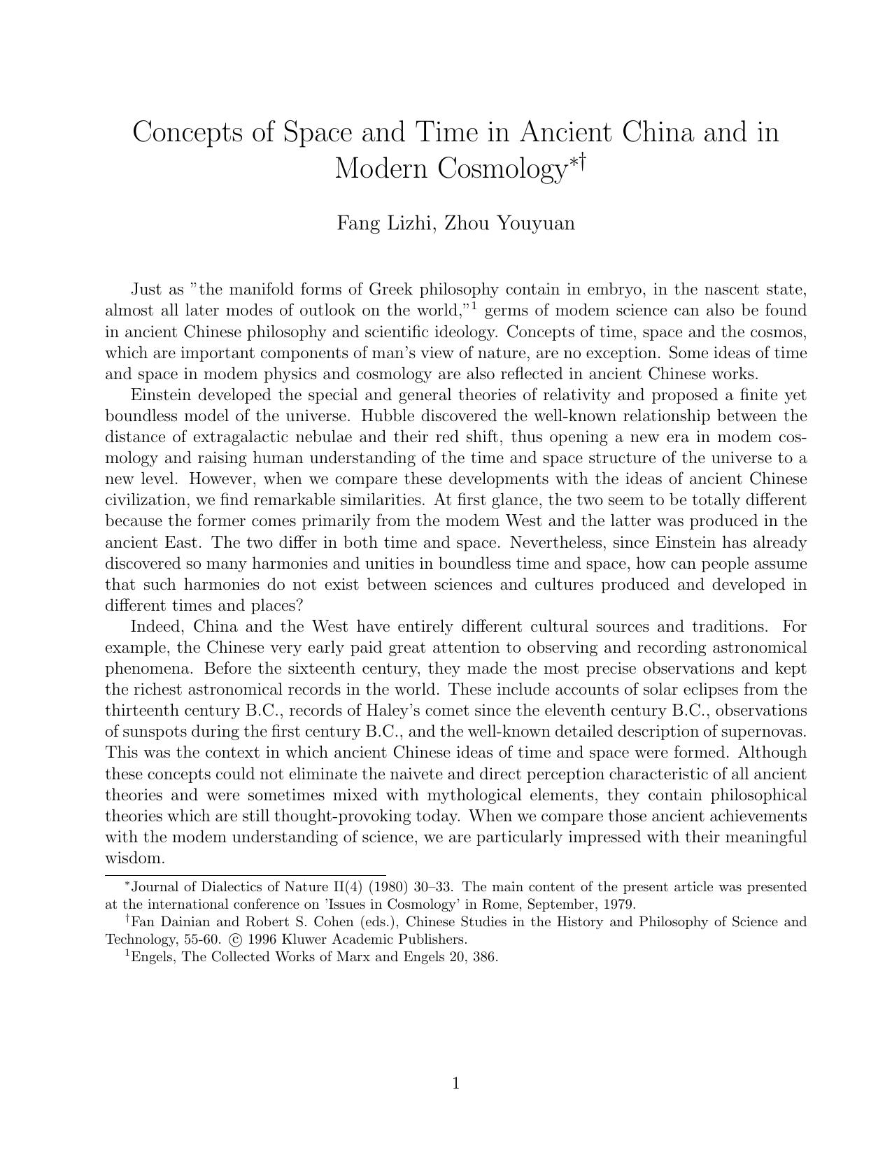 Concepts of Space and Time in Ancient China and in Modern Cosmology by Fang Lizhi Zhou Youyuan