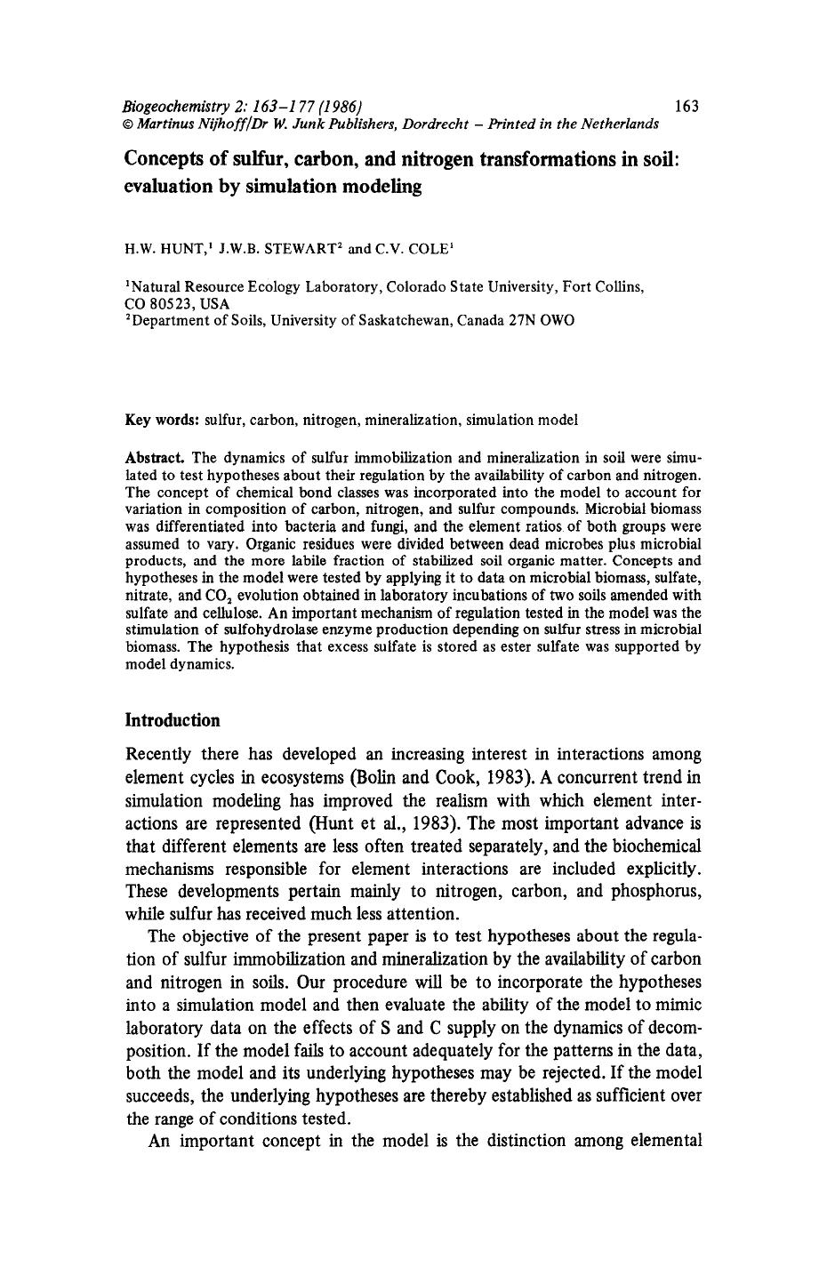Concepts of sulfur, carbon, and nitrogen transformations in soil: evaluation by simulation modeling by Unknown