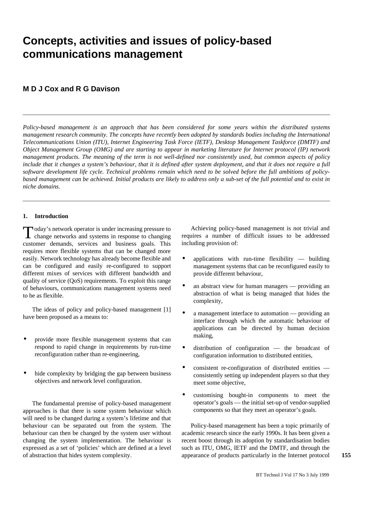 Concepts, Activities and Issues of Policy-based Communications Management by Unknown