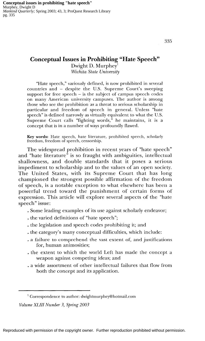 Conceptual Issues in Prohibiting ''Hate Speech'' (2003) by Dwight D. Murphey by Unknown