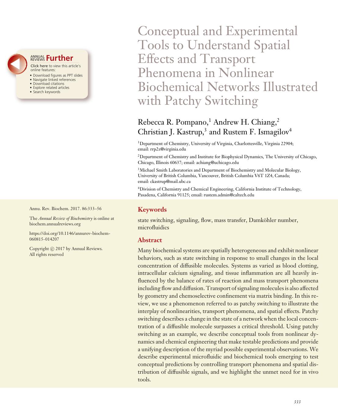 Conceptual and Experimental Tools to Understand Spatial Effects and Transport Phenomena in Nonlinear Biochemical Networks Illustrated with Patchy Switching by Rebecca R. Pompano Andrew H. Chiang Christian J. Kastrup Rustem F. Ismagilov