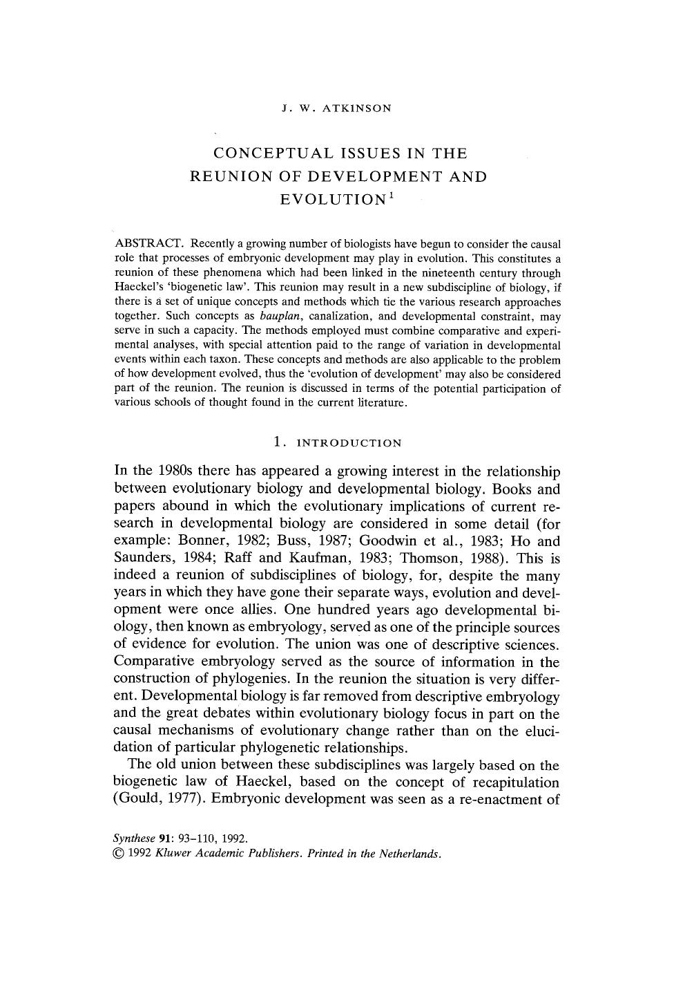 Conceptual issues in the reunion of development and evolution by Unknown