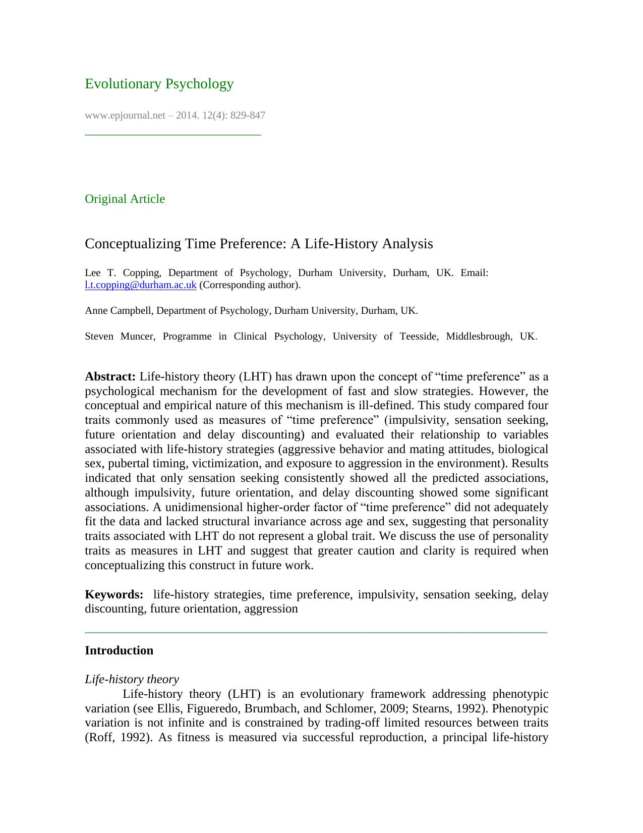 Conceptualizing Time Preference: A Life-History Analysis by Lee T. Copping; Anne Campbell; Steven Muncer