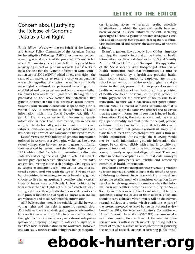 Concern about Justifying the Release of Genomic Data as a Civil Right by Jennifer C. Dreyfus & Mark E. Sobel