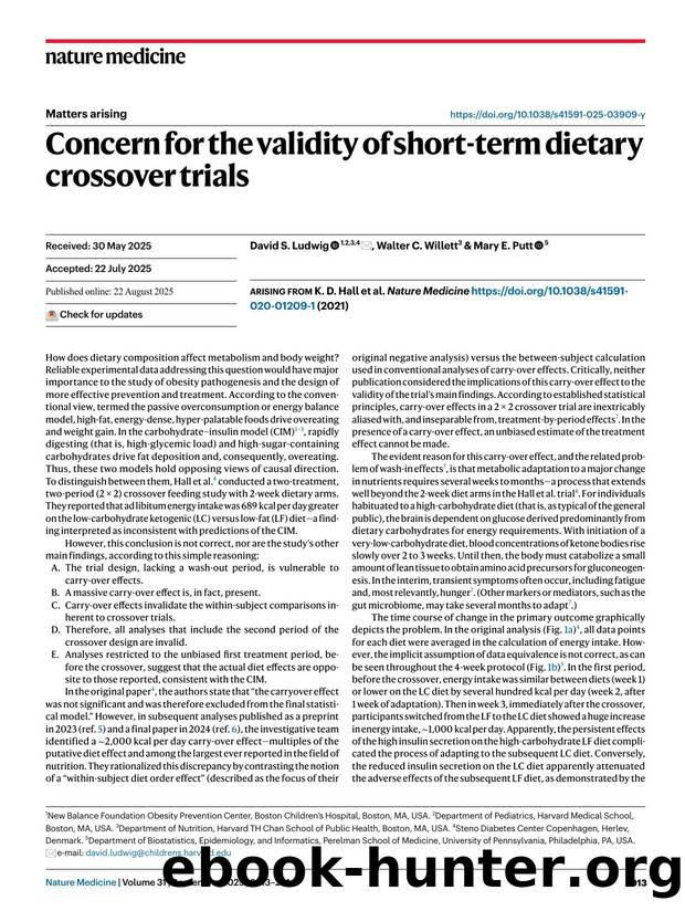 Concern for the validity of short-term dietary crossover trials by David S. Ludwig & Walter C. Willett & Mary E. Putt