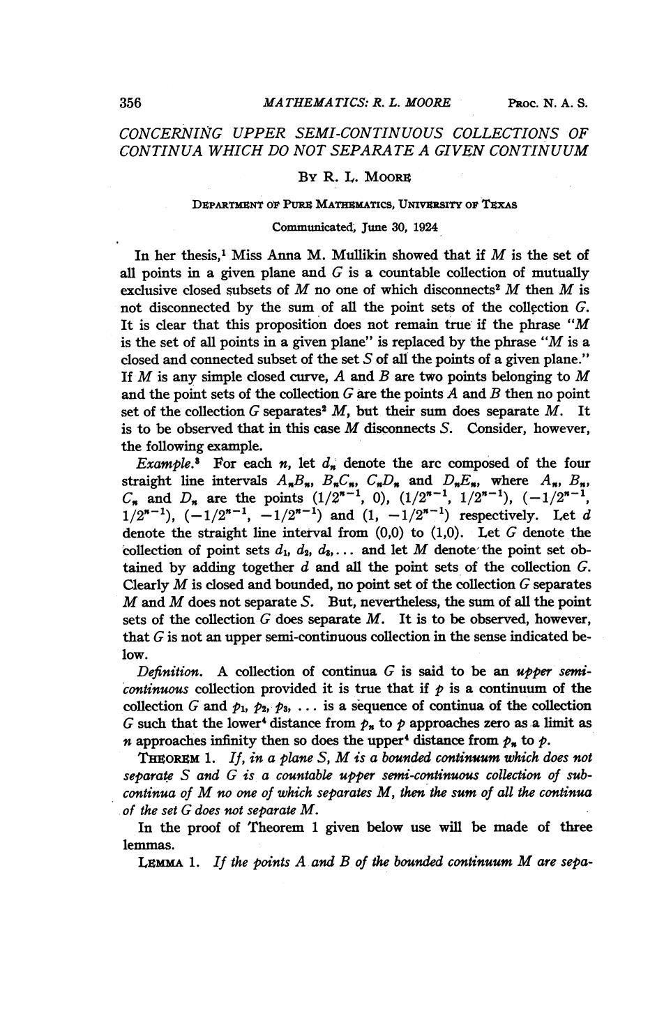 Concerning Upper Semi-Continuous Collections of Continua which do not Separate a Given Continuum by Moore R.L