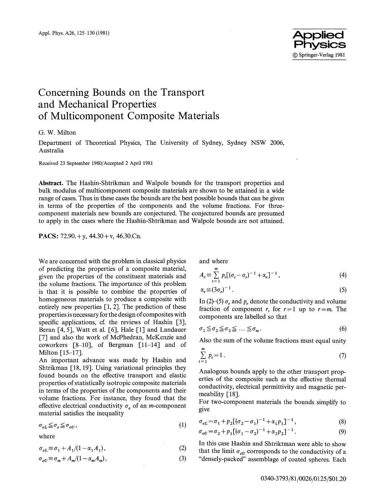 Concerning bounds on the transport and mechanical properties of multicomponent composite materials by Unknown