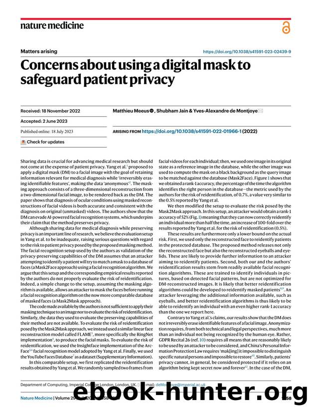 Concerns about using a digital mask to safeguard patient privacy by Matthieu Meeus & Shubham Jain & Yves-Alexandre Montjoye