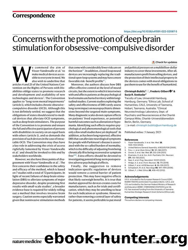 Concerns with the promotion of deep brain stimulation for obsessiveâcompulsive disorder by Christoph Bublitz & Frederic Gilbert & Surjo R. Soekadar