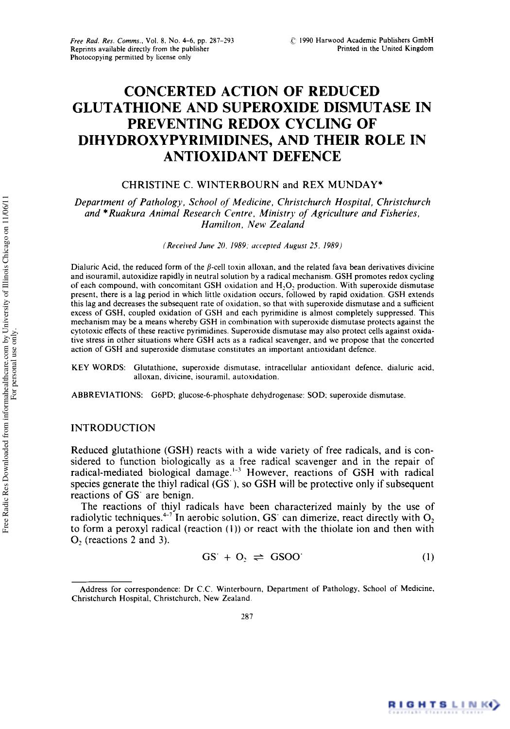 Concerted Action Of Reduced Glutathione And Superoxide Dismutase In Preventing Redox Cycling Of Dihydroxypyrimidines, And Their Role In Antioxidant Defence by Christine C. Winterbourn1 & Rex Munday1