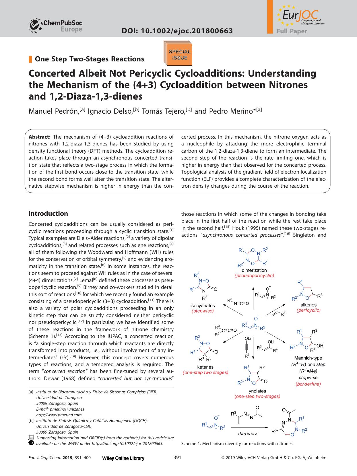 Concerted Albeit Not Pericyclic Cycloadditions: Understanding the Mechanism of the (4+3) Cycloaddition between Nitrones and 1,2&#x02010;Diaza&#x02010;1,3&#x02010;dienes by Unknown