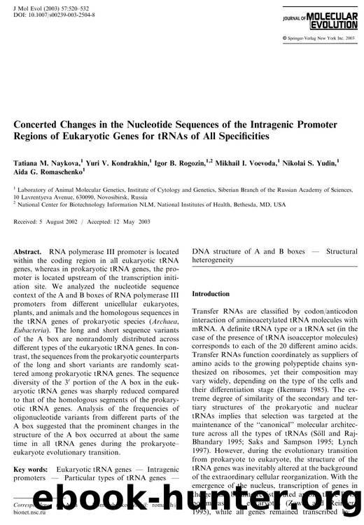 Concerted Changes in the Nucleotide Sequences of the Intragenic Promoter Regions of Eukaryotic Genes for tRNAs of All Specificities by Naykova T.M. et al