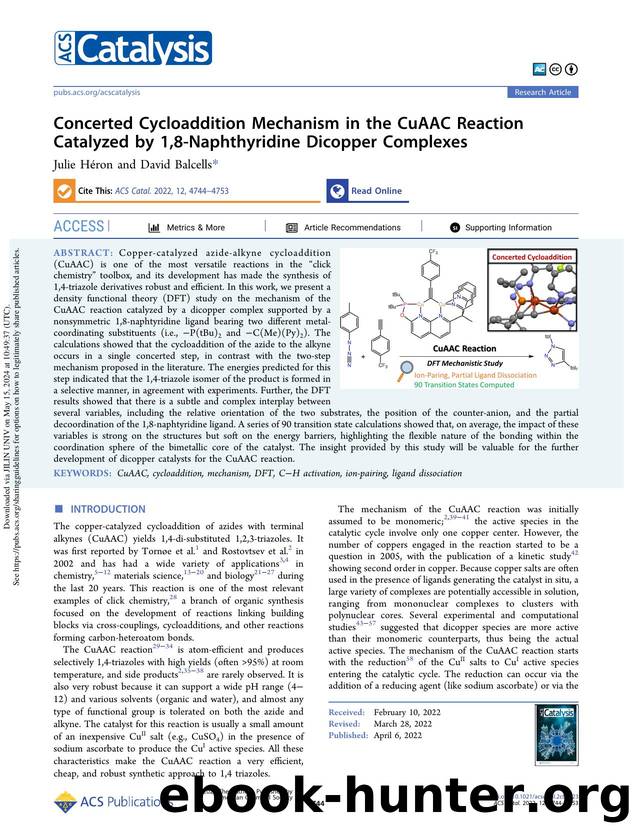 Concerted Cycloaddition Mechanism in the CuAAC Reaction Catalyzed by 1,8-Naphthyridine Dicopper Complexes by Julie Héron & David Balcells