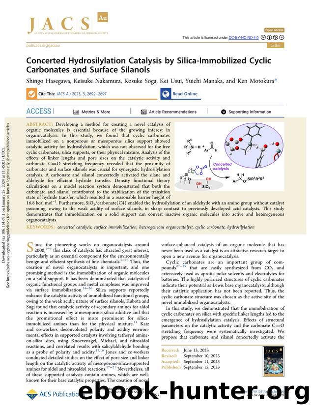 Concerted Hydrosilylation Catalysis by Silica-Immobilized Cyclic Carbonates and Surface Silanols by Shingo Hasegawa Keisuke Nakamura Kosuke Soga Kei Usui Yuichi Manaka & Ken Motokura