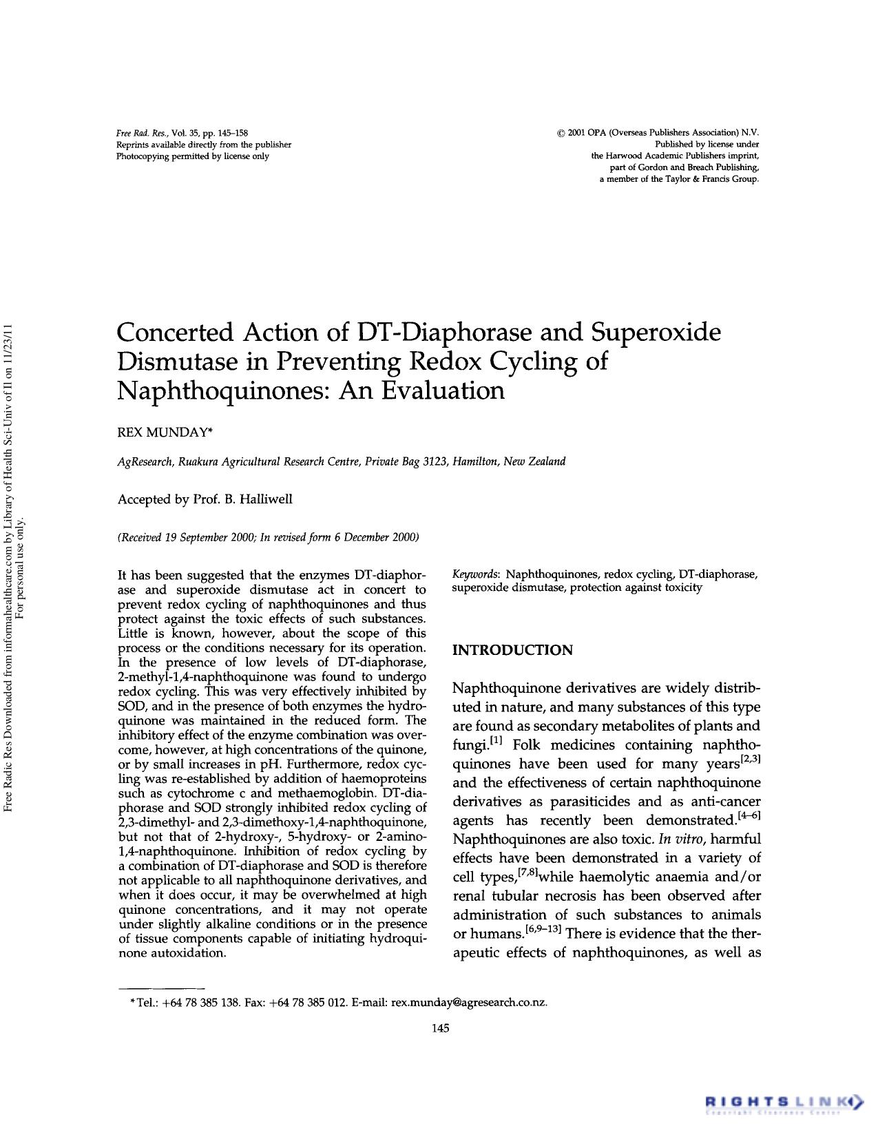 Concerted action of DT-diaphorase and superoxide dismutase in preventing redox cycling of naphthoquinones: An evaluation by Rex Munday
