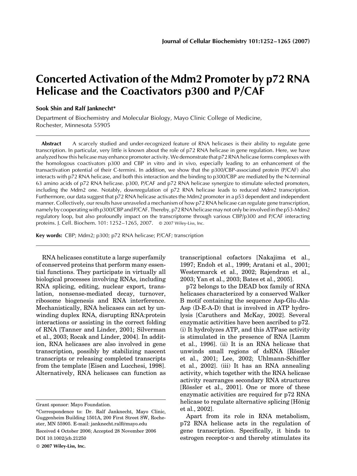 Concerted activation of the Mdm2 promoter by p72 RNA helicase and the coactivators p300 and PCAF by Unknown