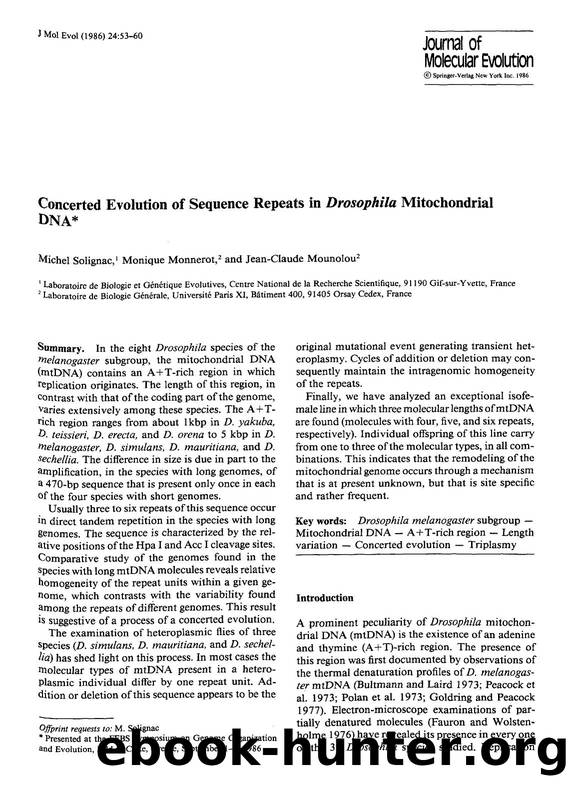 Concerted evolution of sequence repeats in <Emphasis Type="Italic">Drosophila <Emphasis> mitochondrial DNA by Unknown