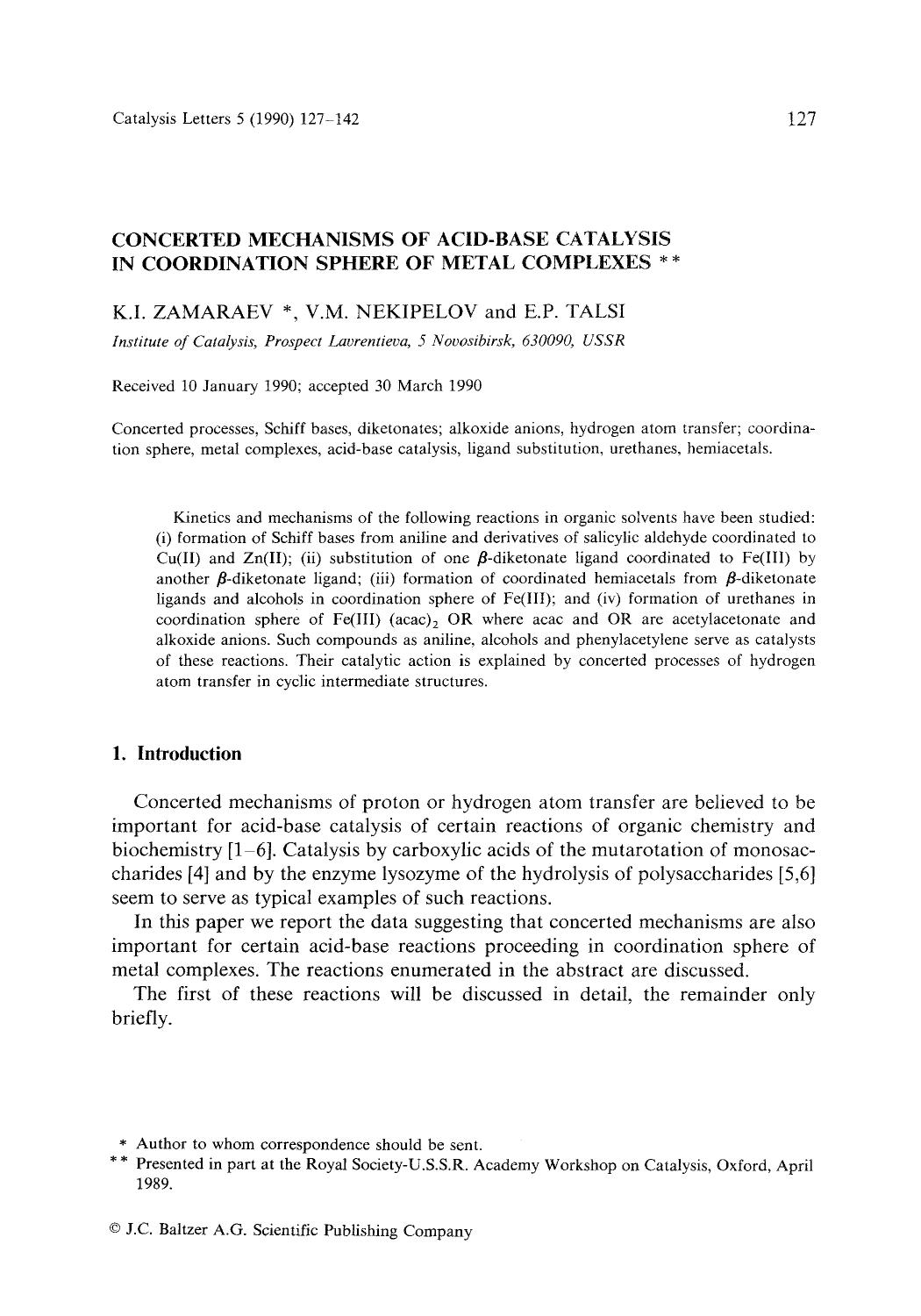 Concerted mechanisms of acid-base catalysis in coordination sphere of metal complexes by Unknown