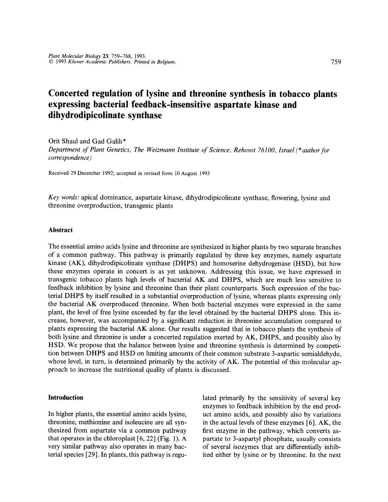 Concerted regulation of lysine and threonine synthesis in tobacco plants expressing bacterial feedback-insensitive aspartate kinase and dihydrodipicolinate synthase by Unknown