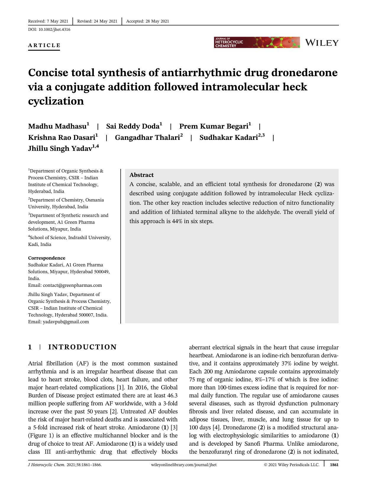 Concise Total Synthesis of Antiarrhythmic Drug Dronedarone via a Conjugate Addition Followed Intramolecular Heck Cyclization by Unknown