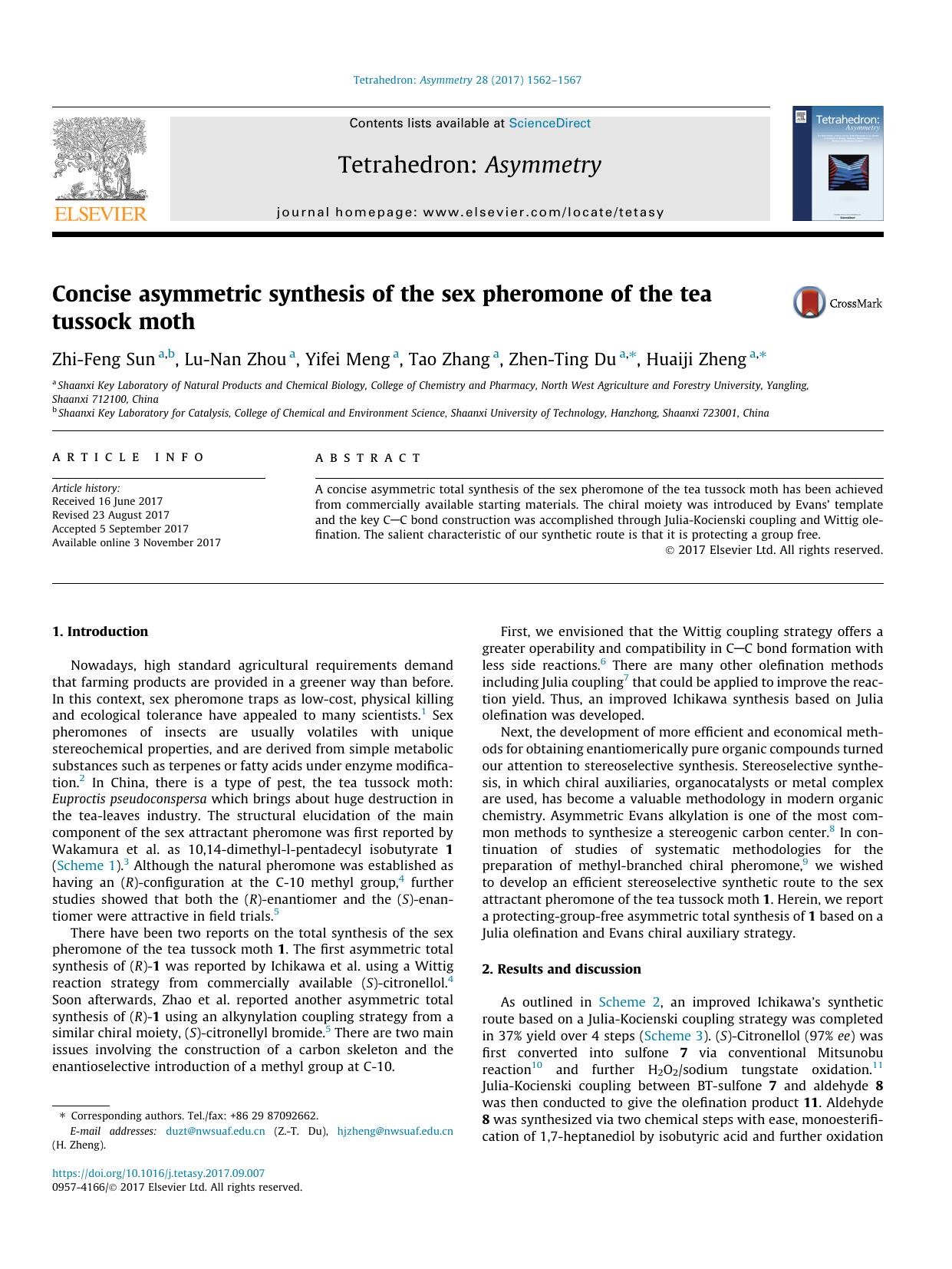 Concise asymmetric synthesis of the sex pheromone of the tea tussock moth by Zhi-Feng Sun & Lu-Nan Zhou & Yifei Meng & Tao Zhang & Zhen-Ting Du & Huaiji Zheng