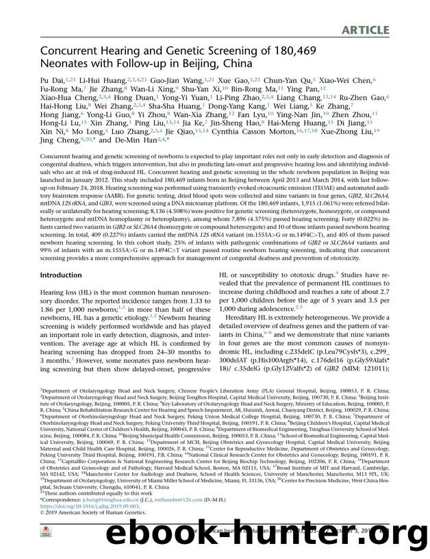 Concurrent Hearing and Genetic Screening of 180,469 Neonates with Follow-up in Beijing, China by unknow