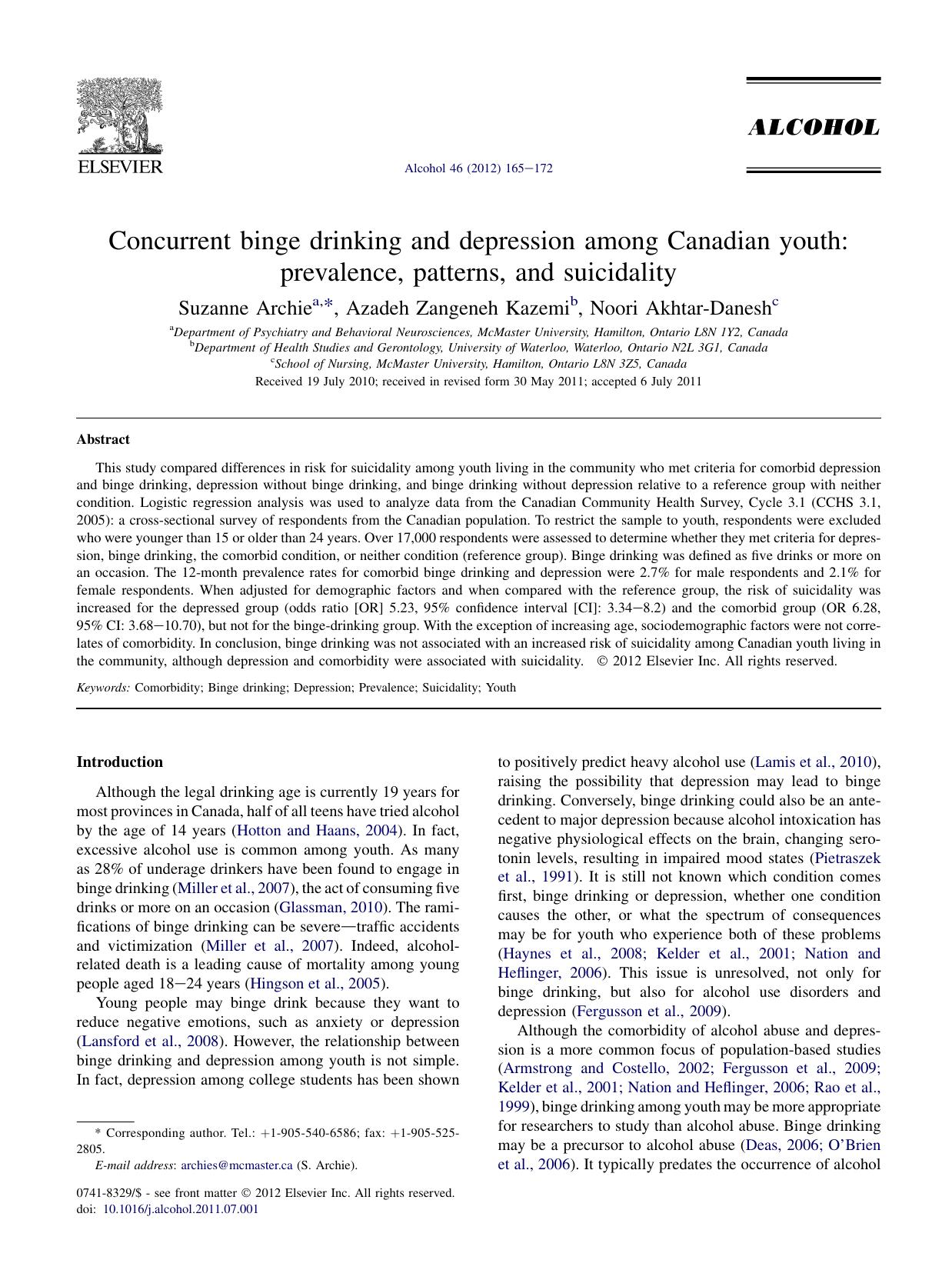 Concurrent binge drinking and depression among Canadian youth: prevalence, patterns, and suicidality by Suzanne Archie & Azadeh Zangeneh Kazemi & Noori Akhtar-Danesh