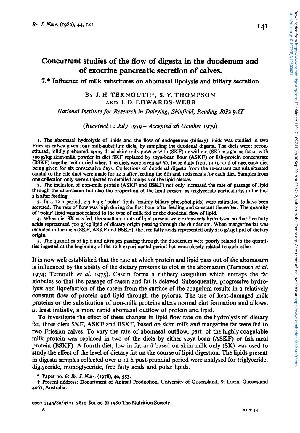 Concurrent studies of the flow of digesta in the duodenum and of exocrine pancreatic secretion of calves by J. H. Ternouth S. Y. Thompson J. D. Edwards-Webb