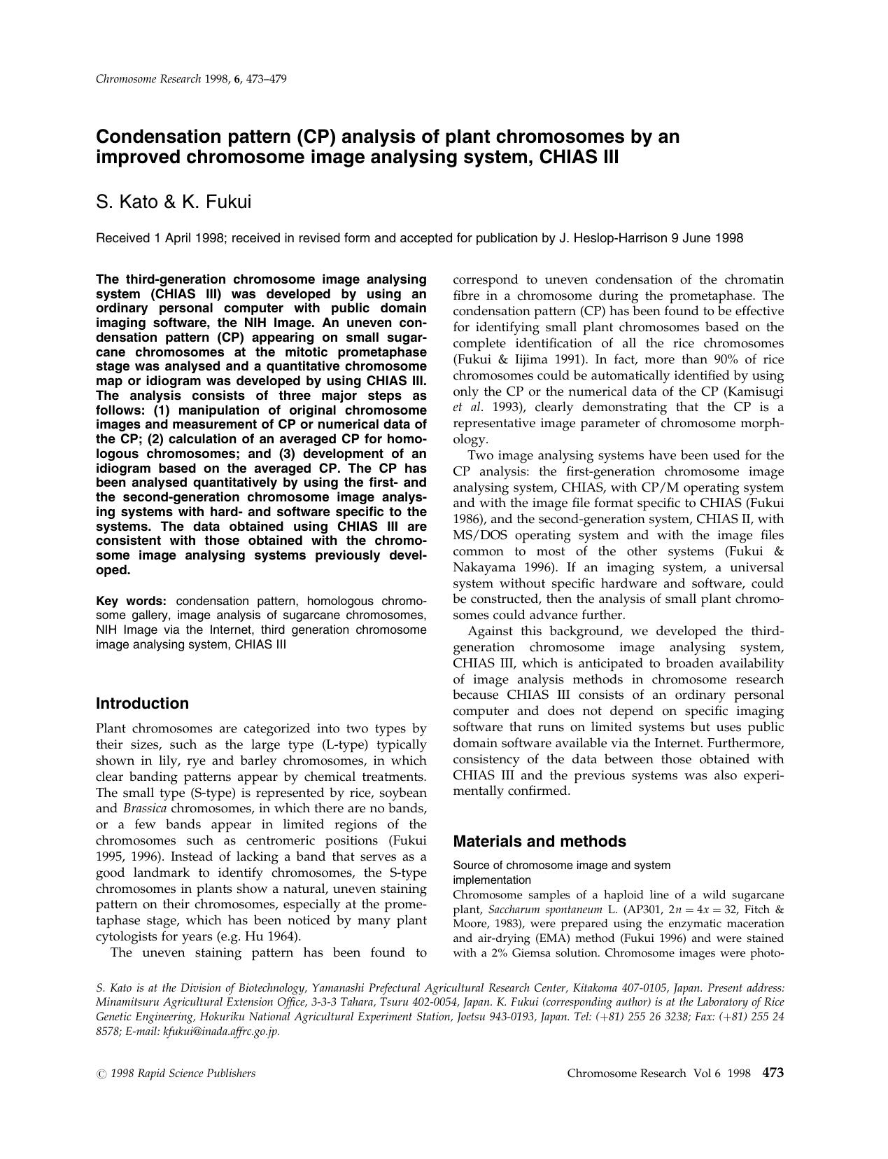 Condensation Pattern (CP) Analysis of Plant Chromosomes by an Improved Chromosome Image Analysing System, CHIAS III by Unknown