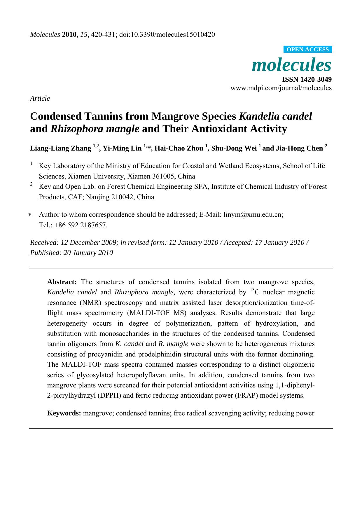 Condensed Tannins from Mangrove Species Kandelia candel and Rhizophora mangle and Their Antioxidant Activity by Liang-Liang Zhang & Yi-Ming Lin & Hai-Chao Zhou & Shu-Dong Wei & Jia-Hong Chen